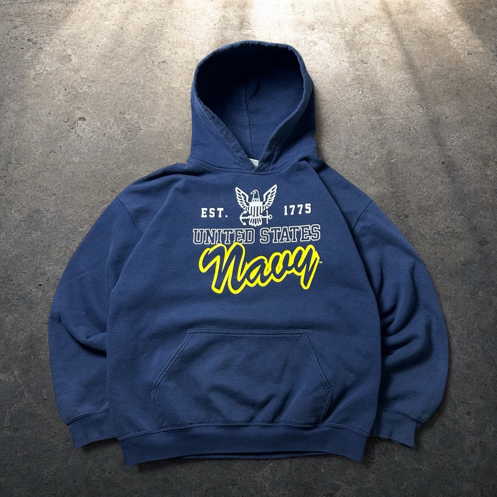 Gildan US Navy Hoodie United States Navy Blue Yellow Skater Y2K Size Large